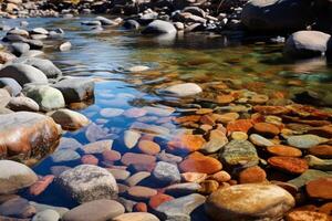 AI generated Rocky riverbed with clear water flowing over polished stones. Generative AI photo