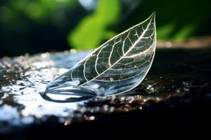 AI generated An organic image of quicksilver on a natural leaf, showcasing its reflective properties. Generative AI photo