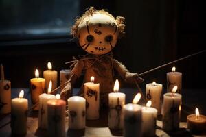 AI generated Voodoo doll surrounded by flickering candles. Halloween concept background. Generative AI photo