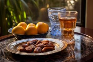 ai generado un plato de fechas y agua, tradicional para rotura el rápido. generativo ai foto