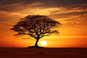 AI generated The silhouette of a tree against a golden sky. Generative AI photo