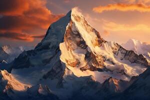 AI generated Aerial view of a snow covered mountain peak bathed in golden sunlight. Generative AI photo