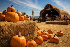 AI generated Pumpkins and hay bales at a country fair. Generative AI photo