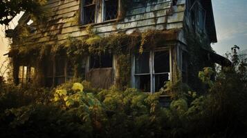 AI generated Abandoned and dilapidated haunted house with broken windows and overgrown vegetation, representing a spooky Halloween location photo