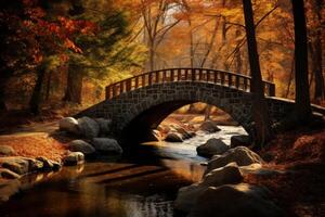 ai generado puente terminado un pacífico Arroyo rodeado por otoño follaje. generativo ai foto