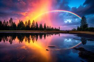 ai generado maravilloso arco iris reflejado en el calma aguas de un pintoresco lago. generativo ai foto