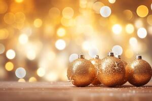 AI generated Three golden christmas ornaments on a festive table. Generative AI photo