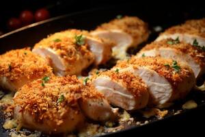 AI generated Close ups of tender chicken breasts coated in breadcrumbs for parmigiana. Generative AI photo