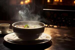 AI generated A table with a bowl of steaming hot soup. Generative AI photo