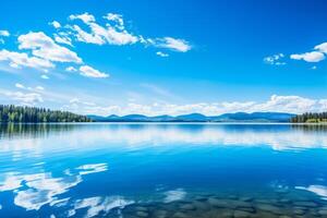 AI generated Tranquil lake under a clear blue sky background with reflections. Generative AI photo