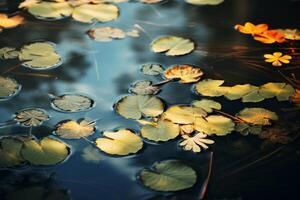 AI generated Leaves floating on the surface of a calm pond. Generative AI photo