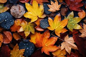 AI generated A macro shot of a kaleidoscope of falling autumn leaves. Generative AI photo