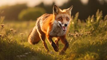 ai generado rojo zorro corriendo mediante un herboso campo. generativo ai foto