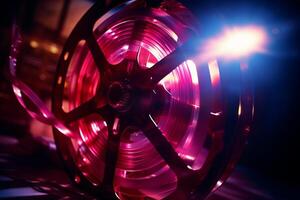 AI generated Close-up of a film reel with dramatic lighting. Generative AI photo