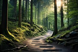 AI generated Pathway winding through a serene forest landscape. Generative AI photo