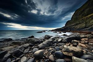 AI generated Rocky shoreline meeting the sea with dramatic clouds overhead. Generative AI photo