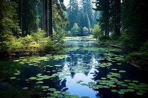 AI generated Tranquil pond nestled within the evergreen forest. Generative AI photo