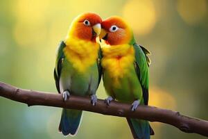 ai generado un par de pájaros del amor en un árbol rama. generativo ai foto