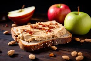 ai generado anacardo mantequilla untado en un rebanada de manzana. generativo ai foto