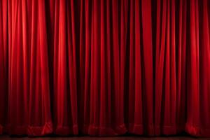 AI generated Red velvet cinema curtains opening for a premiere. Generative AI photo