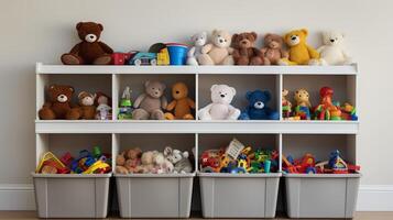 AI generated A clutter-free toy storage system with bins. Generative AI photo