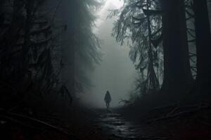 AI generated A solitary figure walking in a foggy forest, illustrating the feeling of being lost. Generative AI photo