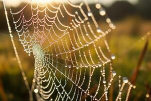 AI generated An extreme close-up of a dew-covered spiderweb in the morning light. Generative AI photo