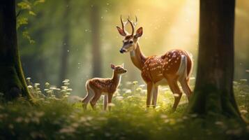 AI generated A couple of deer standing next to each other in a forest. Generative AI photo