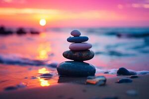 AI generated Balanced stack of rocks on a serene beach. Generative AI photo