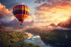 AI generated A scenic view of a colorful hot air balloon floating above a tranquil landscape, capturing wanderlust. Generative AI photo