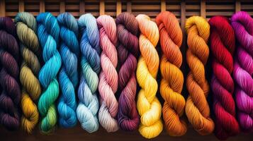 AI generated Yarn skeins arranged in a rainbow gradient. Generative AI photo