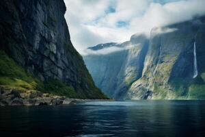 AI generated Majestic fjord with steep cliffs and calm blue waters. Generative AI photo