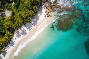 AI generated Aerial shot of a pristine beach with crystal clear waters and palm trees. Generative AI photo