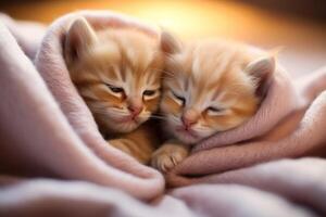 AI generated Twin kittens cuddling on a cozy blanket. Generative AI photo