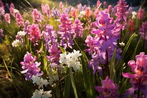 ai generado el vibrante colores de un campo de salvaje orquídeas. generativo ai foto