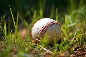 AI generated A close-up of a baseball seen in the grass. Generative AI photo