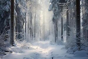 AI generated The tranquil beauty of a snow covered forest. Generative AI photo