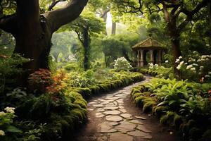 AI generated A tranquil garden path winding through lush foliage. Generative AI photo