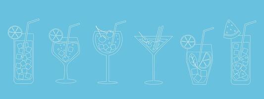 un conjunto de cócteles y bebidas en diferente lentes según a el menú. alcohólico bebidas vector ilustración.