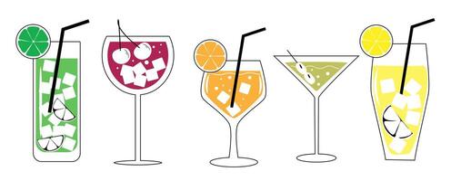 un conjunto de cócteles y bebidas en diferente lentes según a el menú. alcohólico bebidas vector ilustración.