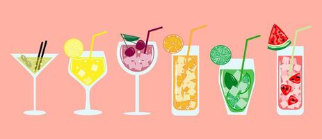 un conjunto de cócteles y bebidas en diferente lentes según a el menú. alcohólico bebidas vector ilustración.