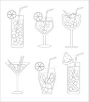 un conjunto de cócteles y bebidas en diferente lentes según a el menú. alcohólico bebidas vector ilustración.