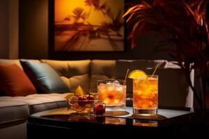 AI generated A stylish shot of a modern cocktail lounge featuring an elegant rum punch presentation, an embodiment of sophistication. Generative AI photo