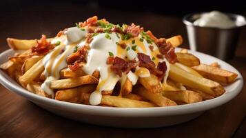 AI generated Indulgent and greasy plate of loaded cheese fries topped with bacon, cheese, and sour cream. Generative AI photo