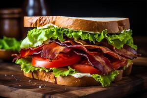 AI generated Mouthwatering BLT sandwich with crispy bacon, fresh lettuce, and juicy tomatoes. Generative AI photo