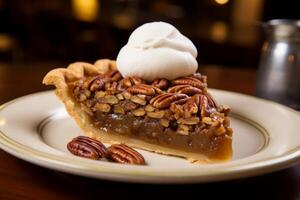 AI generated A slice of classic pecan pie with a dollop of whipped cream. Generative AI photo