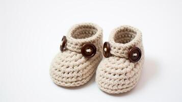 AI generated Crocheted baby booties with cute button accents. Generative AI photo