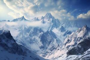 ai generado nieve tapado picos alcanzando para el cielo en un majestuoso alpino paisaje. generativo ai foto