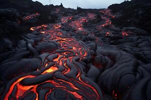 ai generado lava fluye tallado nuevo rutas mediante el tierra. generativo ai foto