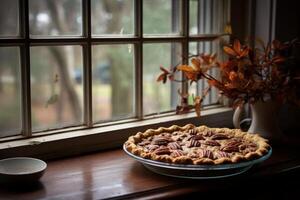 AI generated A homemade pecan pie cooling on the windowsill. Generative AI photo